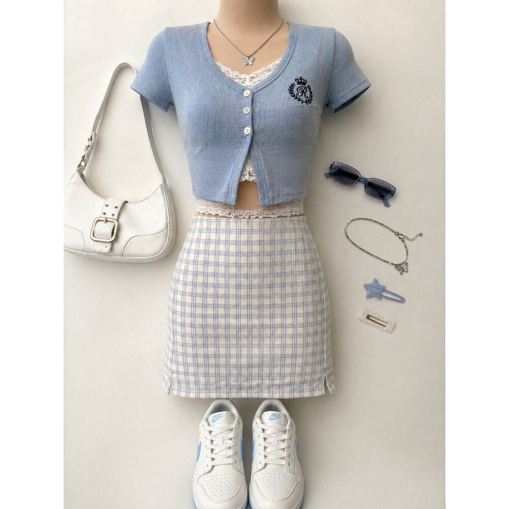 Brandy Melville Cara Plaid Mini Skirt Blue White Y2K Preppy‎ XS Academia 90s